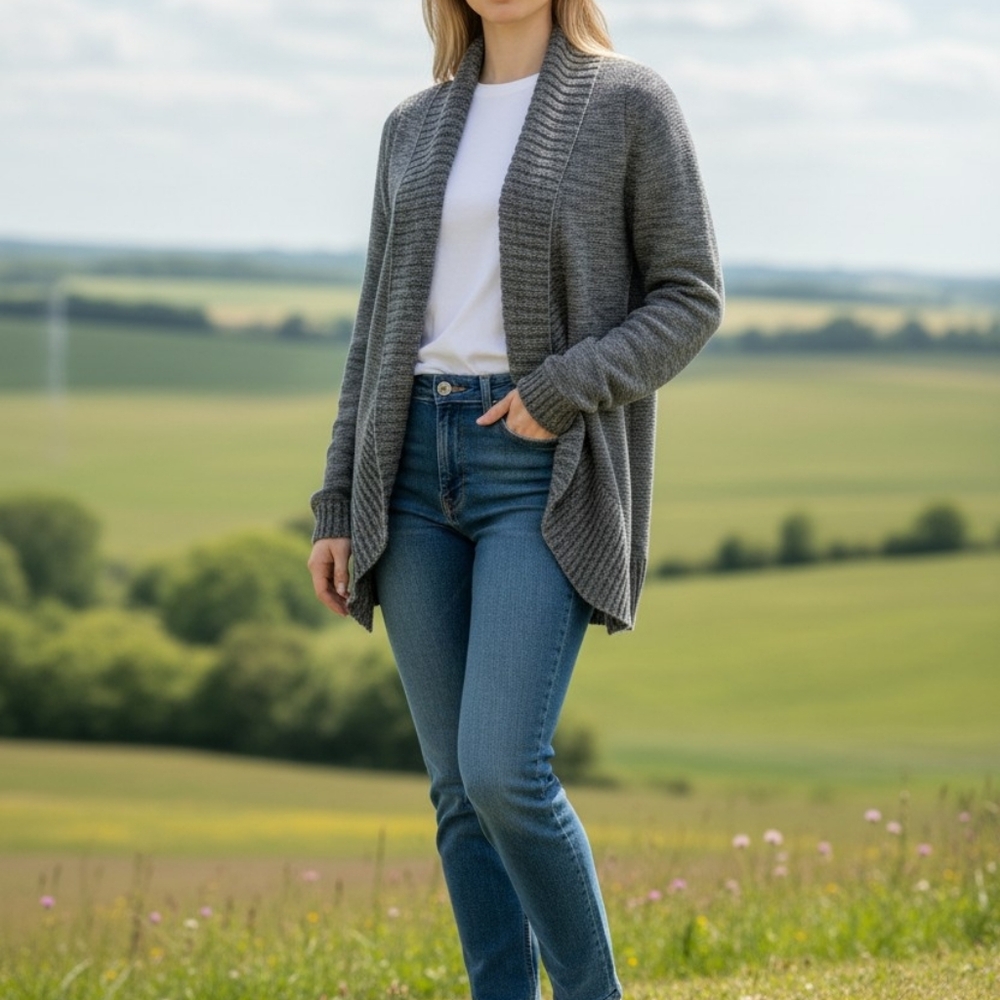 Sweater, Roxy Marled Gray Open Front Cardigan With A Waterfall Draped Neckline